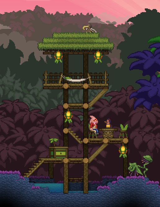 Scène pixel art d'une haute tour en bois avec lanternes et hamac dans une jungle aux teintes violettes au crépuscule