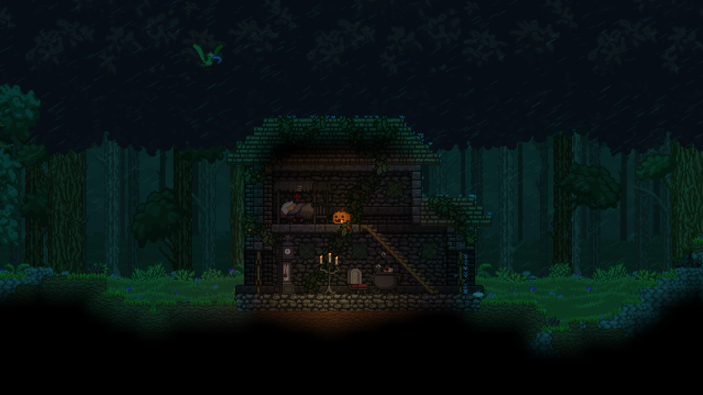 Scène pixel art d'une cabane en bois sombre dans une forêt la nuit, citrouille-lanterne et bougies diffusant une lueur chaude.
