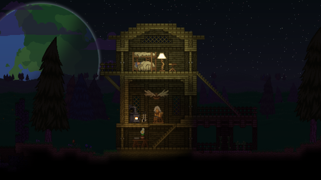 Scène pixel art d'une maison en bois à plusieurs niveaux la nuit, avec une grande planète dans le ciel et des intérieurs chaleureusement éclairés